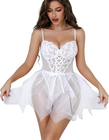 Sexy Lingerie for Women Underwire Floral Mesh Lace Sheer Babydoll Lingerie Teddy Bodysuit Skirt Set in Saudi Arabia