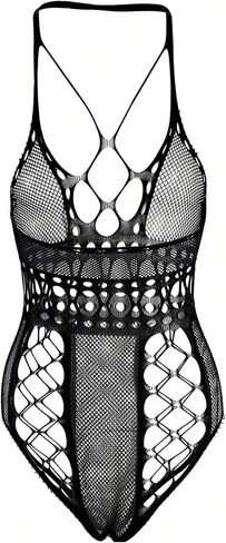 SweatyRocks Women's Fishnet Teddy Bodysuit Sheer Hollow Out Halter Neck Mesh One Piece Lingerie in Kuwait