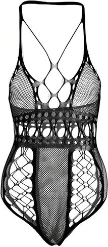 SweatyRocks Women's Fishnet Teddy Bodysuit Sheer Hollow Out Halter Neck Mesh One Piece Lingerie in Kuwait