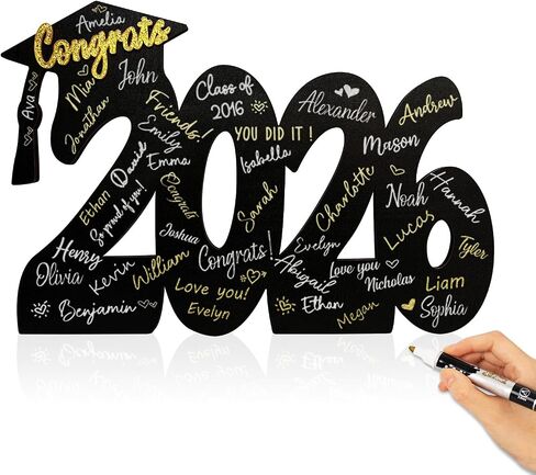 2026 Graduation Signature Board - Large Wood Class of 2026 Guest Book Alternative - Graduation Decorations for High School and College - 14.5" Grad Party Decorations with Gold Acrylic Congrats Sign in Saudi Arabia