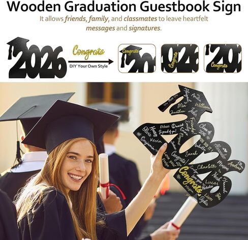 2026 Graduation Signature Board - Large Wood Class of 2026 Guest Book Alternative - Graduation Decorations for High School and College - 14.5" Grad Party Decorations with Gold Acrylic Congrats Sign in Saudi Arabia