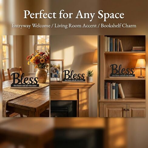 علامة معدنية Bless This Home لديكور سطح الطاولة، لافتة كلمات Black Bless مع قاعدة خشبية، سطح المكتب بطول 11.6 بوصة ومدفأة ديكور هدية الترحيب بالمنزل الجديد. in Kuwait