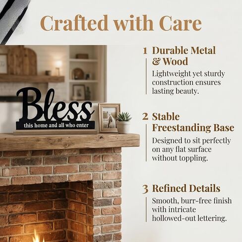 علامة معدنية Bless This Home لديكور سطح الطاولة، لافتة كلمات Black Bless مع قاعدة خشبية، سطح المكتب بطول 11.6 بوصة ومدفأة ديكور هدية الترحيب بالمنزل الجديد. in Kuwait