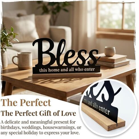 علامة معدنية Bless This Home لديكور سطح الطاولة، لافتة كلمات Black Bless مع قاعدة خشبية، سطح المكتب بطول 11.6 بوصة ومدفأة ديكور هدية الترحيب بالمنزل الجديد. in Kuwait