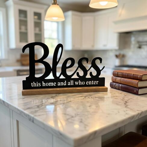 علامة معدنية Bless This Home لديكور سطح الطاولة، لافتة كلمات Black Bless مع قاعدة خشبية، سطح المكتب بطول 11.6 بوصة ومدفأة ديكور هدية الترحيب بالمنزل الجديد. in Kuwait