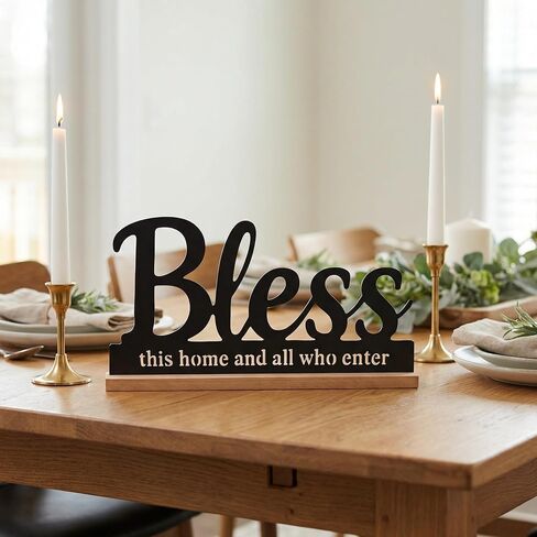 علامة معدنية Bless This Home لديكور سطح الطاولة، لافتة كلمات Black Bless مع قاعدة خشبية، سطح المكتب بطول 11.6 بوصة ومدفأة ديكور هدية الترحيب بالمنزل الجديد. in Kuwait