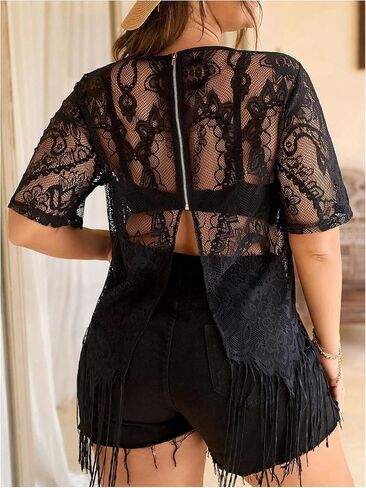 GORGLITTER Women's Plus Size Boho Fringe Tops Lace Mesh Sheer Short Sleeve Tassel T Shirt Going Out Tops Outfits in Kuwait