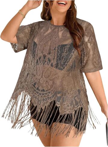 GORGLITTER Women's Plus Size Boho Fringe Tops Lace Mesh Sheer Short Sleeve Tassel T Shirt Going Out Tops Outfits in Kuwait