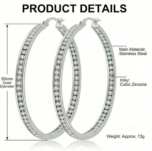 Stainless Steel Hoop Earrings for Women, 2 Inch Large Sparkly Cubic Zirconia Hoops, Hypoallergenic Big Loop Jewelry Gift for Sensitive Ears in Kuwait