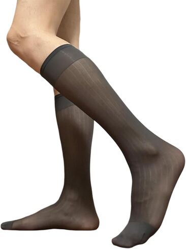 Mens Business Nylon Sheer Dress Socks Silk Over the Calf Wide Stripe Stockings in Kuwait