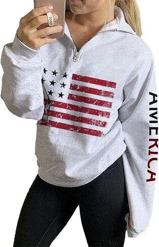 Womens Patriotic 1/4 Zip Pullover Hoodie Loose Casual Quarter Zipper Sweatshirt with American Flag Print in Saudi Arabia