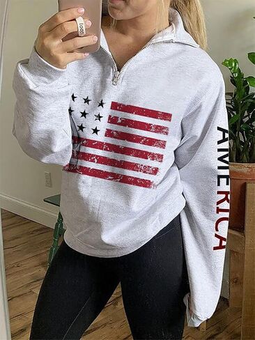 Womens Patriotic 1/4 Zip Pullover Hoodie Loose Casual Quarter Zipper Sweatshirt with American Flag Print in Saudi Arabia