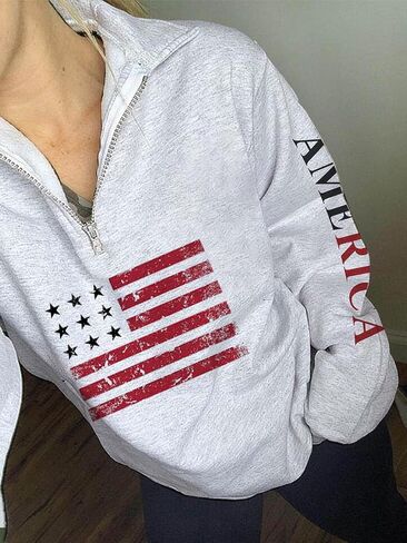 Womens Patriotic 1/4 Zip Pullover Hoodie Loose Casual Quarter Zipper Sweatshirt with American Flag Print in Saudi Arabia