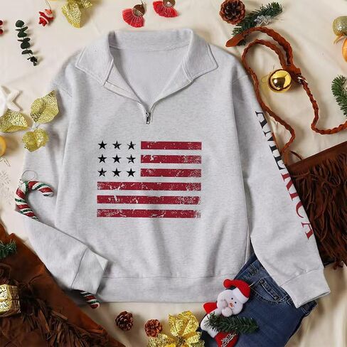 Womens Patriotic 1/4 Zip Pullover Hoodie Loose Casual Quarter Zipper Sweatshirt with American Flag Print in Saudi Arabia