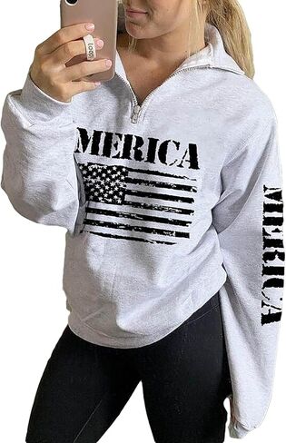 Womens Patriotic 1/4 Zip Pullover Hoodie Loose Casual Quarter Zipper Sweatshirt with American Flag Print in Saudi Arabia