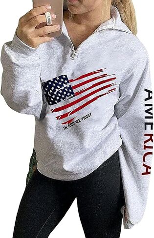 Womens Patriotic 1/4 Zip Pullover Hoodie Loose Casual Quarter Zipper Sweatshirt with American Flag Print in Saudi Arabia