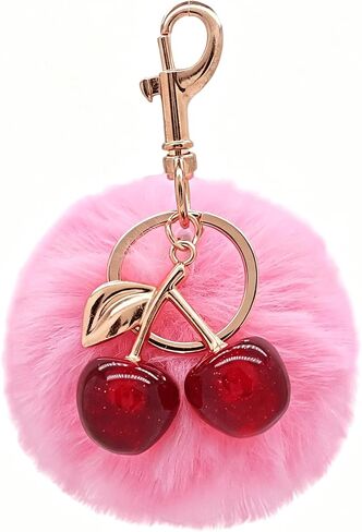 Sparkling Cherry & Soft Fur Pom Pom Keychain, Cute Keyring for Women Girls, Bag Backpack Charm Accessory Gift in Saudi Arabia