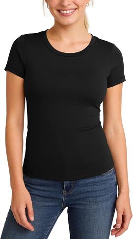 Women Wide Round Neck T-Shirt, Tee Shirt Tops Short Sleeve Slim Fitted, Petite Crop Top Tshirt Stretchy in Kuwait