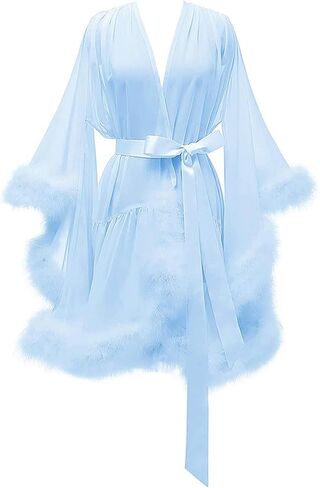 Yexinbridal Feather Fur Bridal Sheer Robe Chiffon Lingerie Nightgown Bathrobe Sleepwear Long Sleeve Wedding Scarf in Saudi Arabia