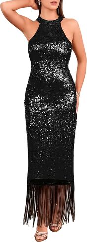Women's Sequin Halter Neck Sleeveless Fringe Hem Sexy Split Tassels Cocktail Party Maxi Dress in Kuwait