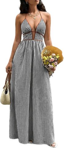 Women Striped Halter Maxi Dress Smocked Backless Deep V Neck Long Dresses Summer Boho Cocktail Beach Vacation Outfit in Saudi Arabia