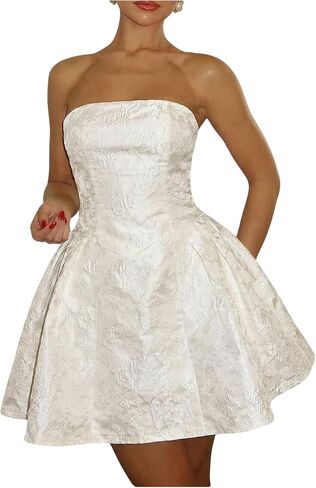 OYOANGLE Women's Floral Embroidered Tube Corset Dress Lace Up Ruffle A Line Short Wedding Guest Dresses in Kuwait