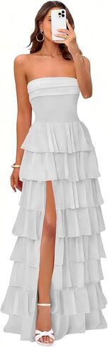 Tiered Ruffle Bridesmaid Dresses for Women Chiffon Strapless Evening Formal Dress with Slit in Saudi Arabia