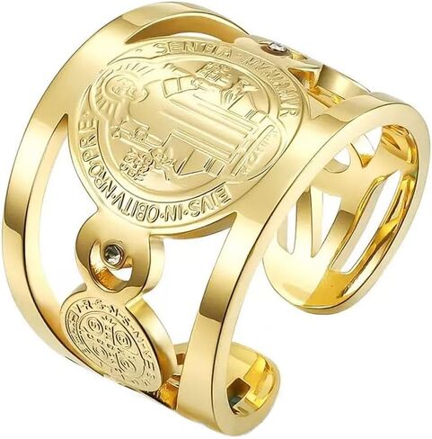 Saint Benedict Medal Ring, Religious Design with Crystals Stainless Steel in Saudi Arabia