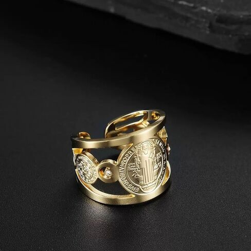 Saint Benedict Medal Ring, Religious Design with Crystals Stainless Steel in Saudi Arabia