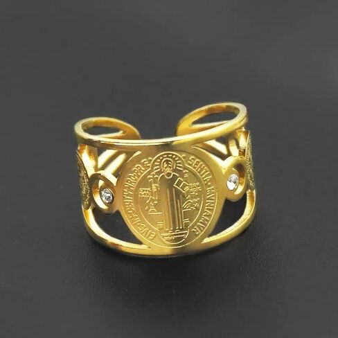 Saint Benedict Medal Ring, Religious Design with Crystals Stainless Steel in Saudi Arabia
