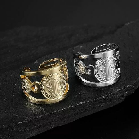 Saint Benedict Medal Ring, Religious Design with Crystals Stainless Steel in Saudi Arabia