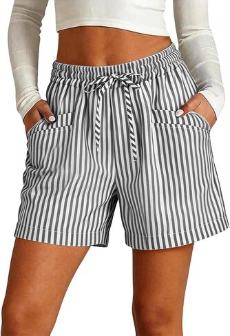 Blue and White Striped Linen Shorts Women Drawstring High Elastic Waist Summer 5 Inch Inseam Bottoms Front Pocket in Saudi Arabia