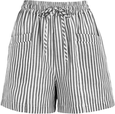 Blue and White Striped Linen Shorts Women Drawstring High Elastic Waist Summer 5 Inch Inseam Bottoms Front Pocket in Saudi Arabia