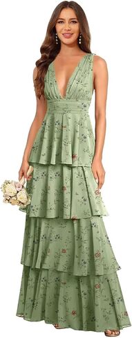Tiered Ruffle Bridesmaid Dress Long Chiffon V Neck Pleated Formal Evening Dresses for Women in Saudi Arabia