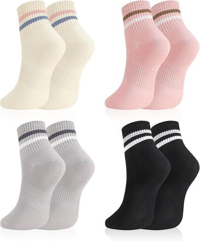 Women's Striped Crew Socks, 4 Pairs Cozy Combed Cotton Quarter Socks Trendy Retro Casual Athletic Ankle Socks Breathable Mid-calf Sock for Running Gym Daily Wear(Size 6-9) in Kuwait