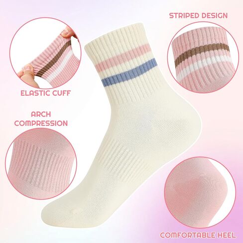 Women's Striped Crew Socks, 4 Pairs Cozy Combed Cotton Quarter Socks Trendy Retro Casual Athletic Ankle Socks Breathable Mid-calf Sock for Running Gym Daily Wear(Size 6-9) in Kuwait