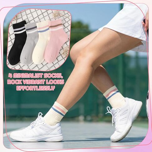 Women's Striped Crew Socks, 4 Pairs Cozy Combed Cotton Quarter Socks Trendy Retro Casual Athletic Ankle Socks Breathable Mid-calf Sock for Running Gym Daily Wear(Size 6-9) in Kuwait