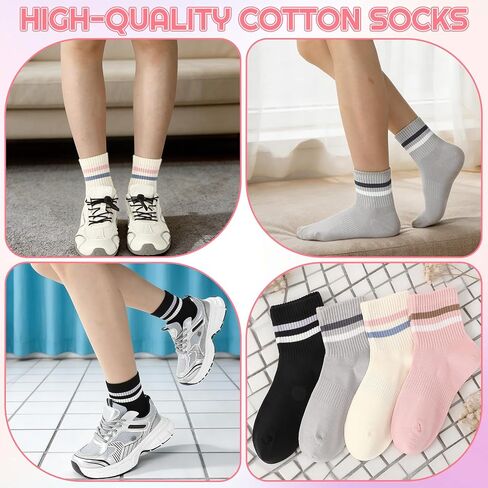 Women's Striped Crew Socks, 4 Pairs Cozy Combed Cotton Quarter Socks Trendy Retro Casual Athletic Ankle Socks Breathable Mid-calf Sock for Running Gym Daily Wear(Size 6-9) in Kuwait