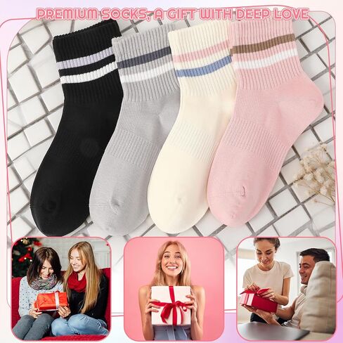 Women's Striped Crew Socks, 4 Pairs Cozy Combed Cotton Quarter Socks Trendy Retro Casual Athletic Ankle Socks Breathable Mid-calf Sock for Running Gym Daily Wear(Size 6-9) in Kuwait