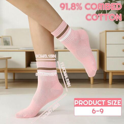 Women's Striped Crew Socks, 4 Pairs Cozy Combed Cotton Quarter Socks Trendy Retro Casual Athletic Ankle Socks Breathable Mid-calf Sock for Running Gym Daily Wear(Size 6-9) in Kuwait