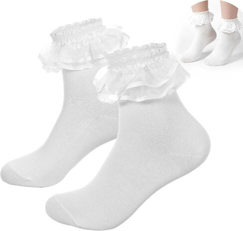 1 Pairs White Frilly Socks for Women, Ruffle Ankle Sock Turn-Cuff Lace Ankle Sock Comfortable Cotton Princess Socks in Kuwait