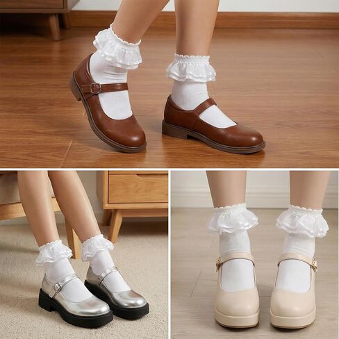 1 Pairs White Frilly Socks for Women, Ruffle Ankle Sock Turn-Cuff Lace Ankle Sock Comfortable Cotton Princess Socks in Kuwait