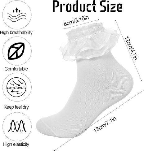 1 Pairs White Frilly Socks for Women, Ruffle Ankle Sock Turn-Cuff Lace Ankle Sock Comfortable Cotton Princess Socks in Kuwait