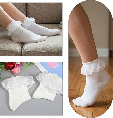 1 Pairs White Frilly Socks for Women, Ruffle Ankle Sock Turn-Cuff Lace Ankle Sock Comfortable Cotton Princess Socks in Kuwait