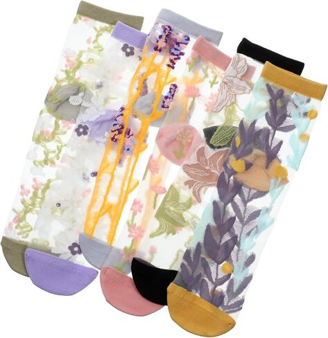 6Pairs Flower Sheer Socks for Women, Lace Sheer Ankle Socks Elastic Breathable Mesh Sock for Women Girls in Saudi Arabia