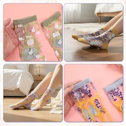 6Pairs Flower Sheer Socks for Women, Lace Sheer Ankle Socks Elastic Breathable Mesh Sock for Women Girls in Saudi Arabia