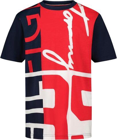 تي شيرت Tommy Hilfiger للأولاد بأكمام قصيرة ورقبة دائرية، ناعم ومريح، مقاس مريح، توقيع عالمي أزرق داكن/أحمر، 10-12 in Kuwait