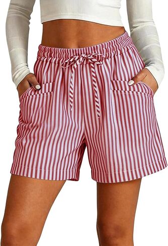 Blue and White Striped Linen Shorts Women Drawstring High Elastic Waist Summer 5 Inch Inseam Bottoms Front Pocket in Saudi Arabia