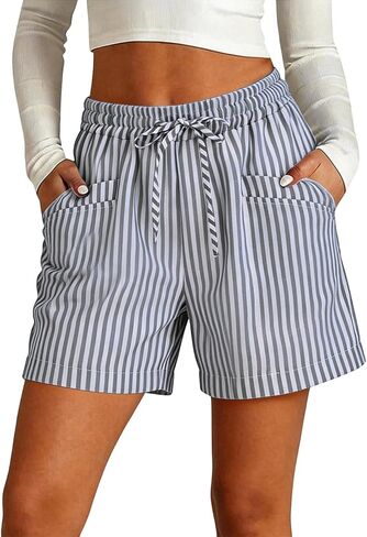 Blue and White Striped Linen Shorts Women Drawstring High Elastic Waist Summer 5 Inch Inseam Bottoms Front Pocket in Saudi Arabia