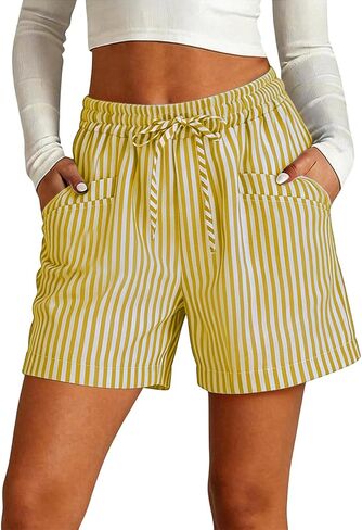 Blue and White Striped Linen Shorts Women Drawstring High Elastic Waist Summer 5 Inch Inseam Bottoms Front Pocket in Saudi Arabia